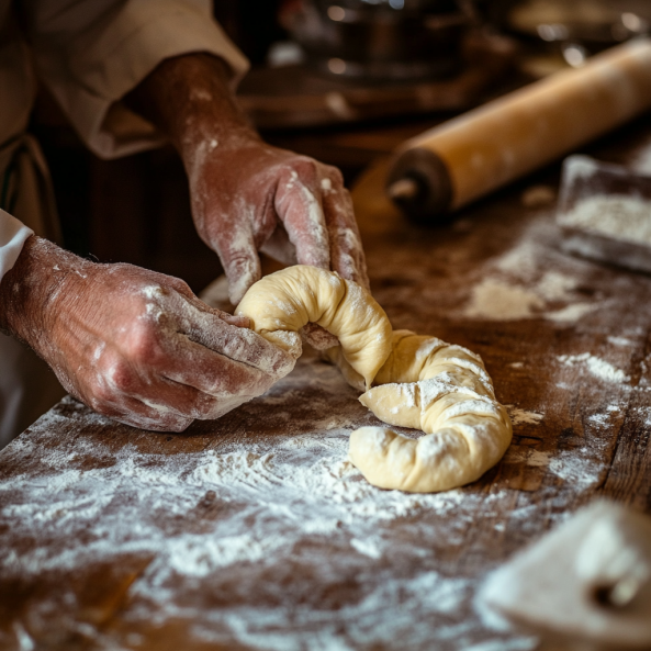 A baker’s hands shaping Gipfeli dough into perfect crescent shapes on a wooden counter, with flour and rolling pin visible