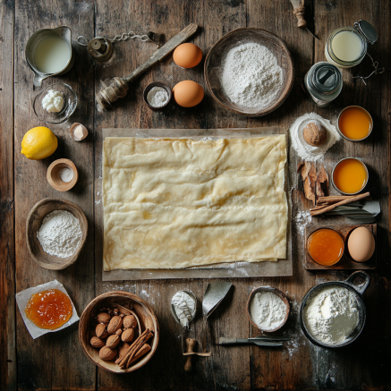 A flat lay arrangement of all the ingredients for Nussgipfel – puff pastry, ground almonds, sugar, milk, lemon zest, cinnamon, apricot jam, eggs, powdered sugar, and lemon juice – neatly organized on a rustic kitchen counter.