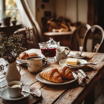 A traditional Swiss breakfast table featuring fresh golden-brown Gipfeli (Swiss croissants) with a crisp, flaky texture, surrounded by simple breakfast items like coffee, butter, and jam, in a cozy, rustic kitchen setting