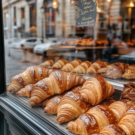 An inviting scene of a traditional French bakery in Paris with a window display full of croissants. The croissants are golden, perfectly flaky, and arranged in neat rows, with a French café-style setting in the background, evoking the charm and elegance of French patisseries