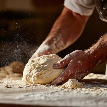 Close-up of a baker's hands kneading dough on a floured surface, with a focus on the smooth, elastic dough being prepared for Gipfeli. The scene is warm and inviting, with natural light highlighting the texture of the dough