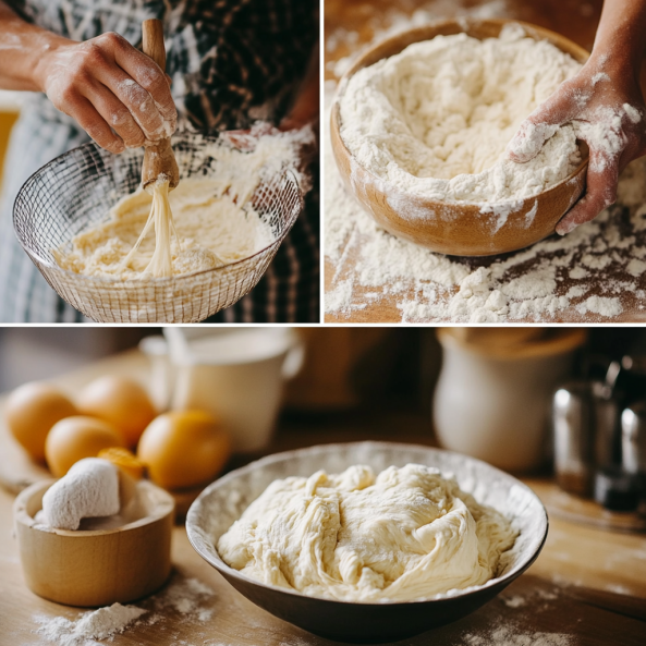 Step-by-step depiction of making Gipfeli dough: mixing ingredients, kneading, and allowing the dough to rise, shown in a cozy, home kitchen environment