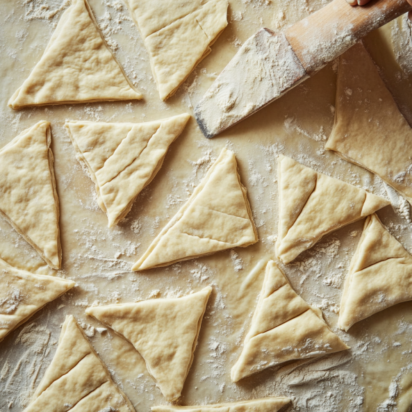 Top-down view of rolled-out dough being cut into triangles and rolled into crescent shapes, capturing the shaping process of making Swiss Gipfeli, with detailed textures of the dough