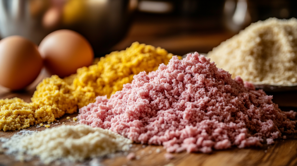 fresh ground ham and pork, breadcrumbs, eggs, and mustard arranged on a wooden kitchen table