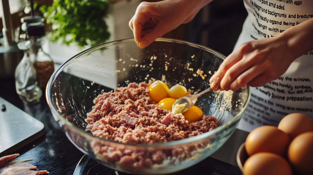 Hands mixing ground ham, pork, and breadcrumbs in a large bowl