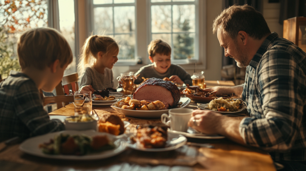 A family enjoying a traditional Pennsylvania ham loaf dinner