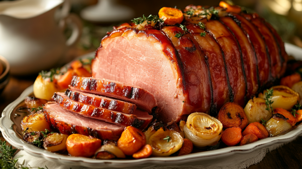 A beautifully cooked Gene Wenger's ham loaf being sliced on a serving platter