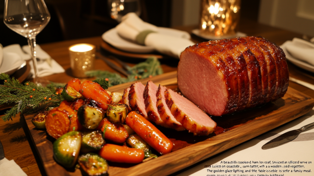 A beautifully cooked ham loaf, sliced and served on a wooden platter