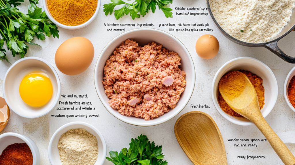 A kitchen countertop spread with bowls of ham loaf mix ingredients