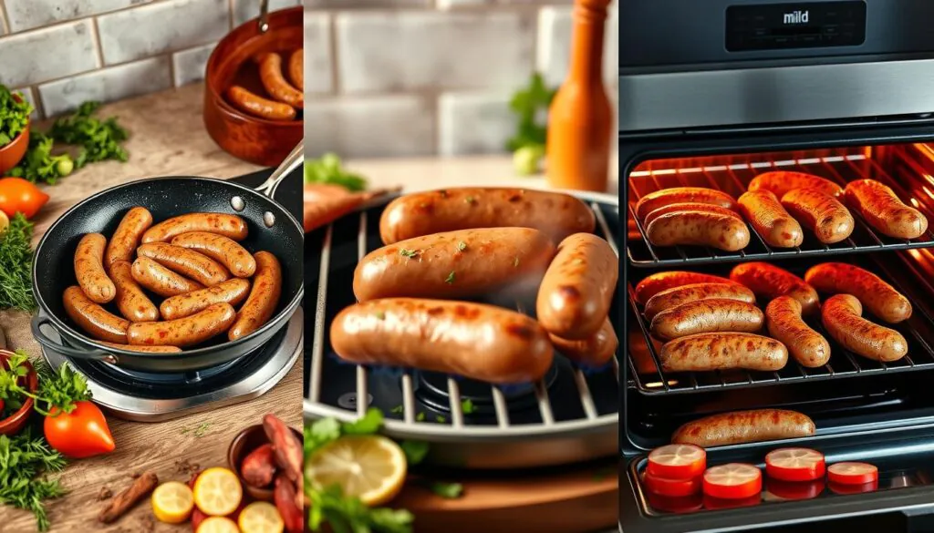 Cooking methods for frying sausage, grilling sausage, and baking sausage