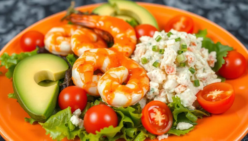 Orange sauce glazed shrimp a mock crab salad