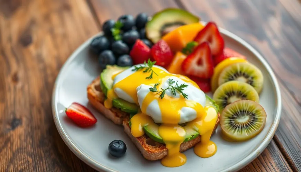 eggs benedict avocado toast with egg and fruit