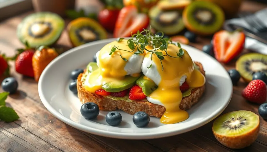 eggs benedict avocado toast with egg and fruit recipe