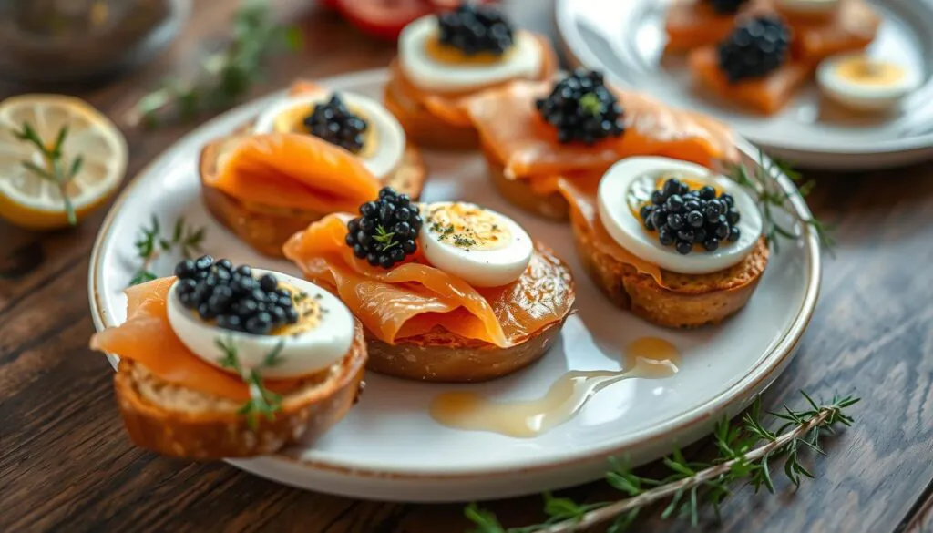 gourmet appetizer with smoked salmon and caviar