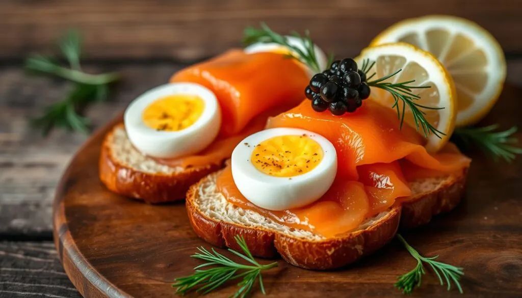 gourmet snack with smoked salmon toast