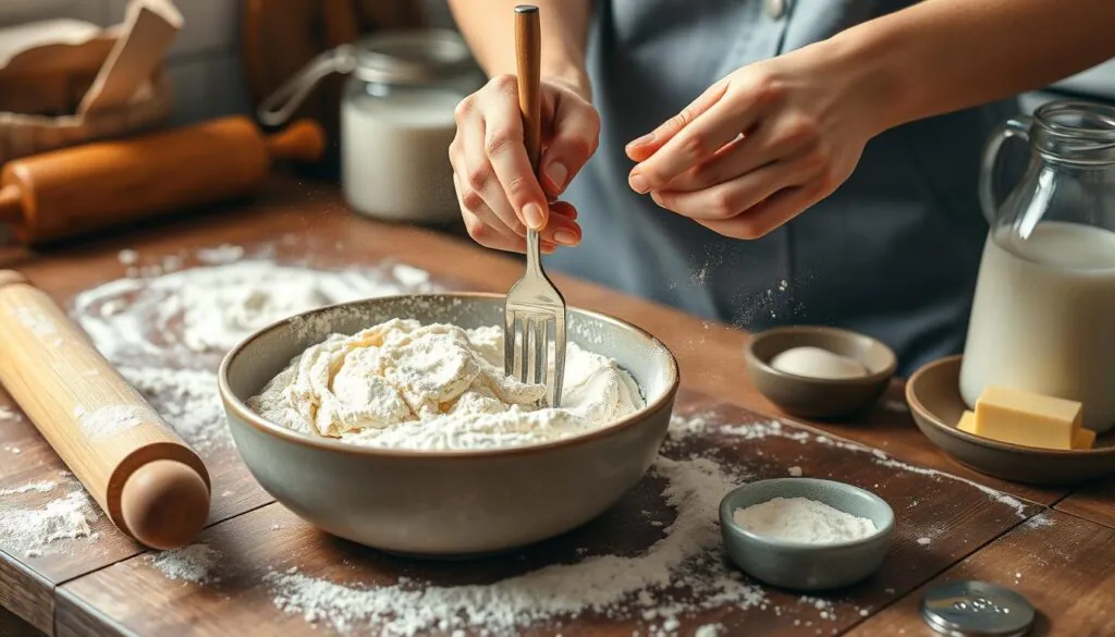 preparing einkorn biscuit dough