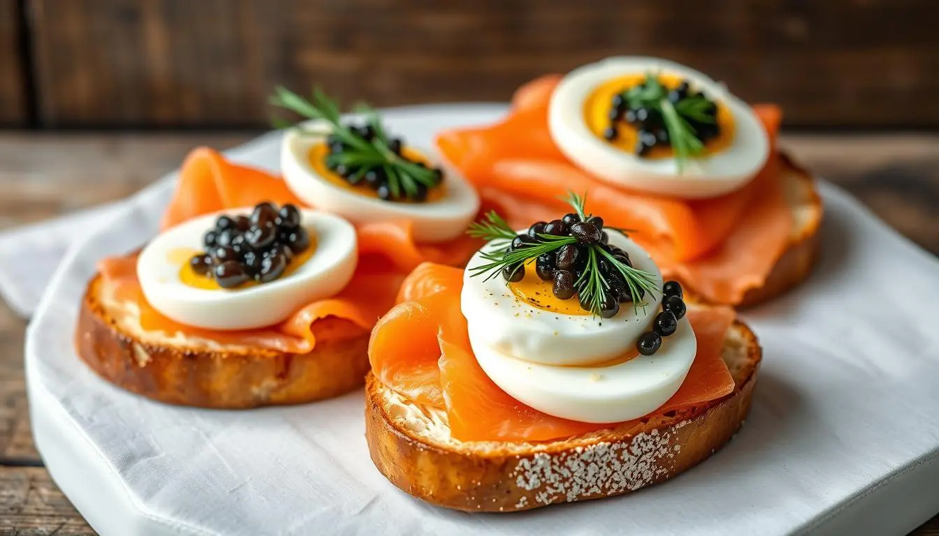 smoked salmon on pretzel toast. hard boiled egg and caviar