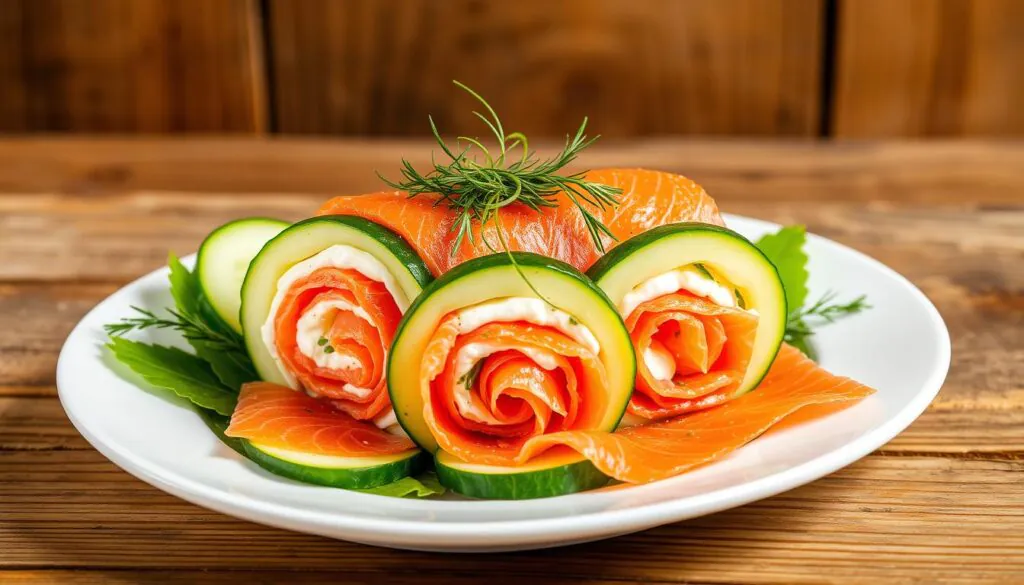 smoked salmon roulade on cucumber chatelaine