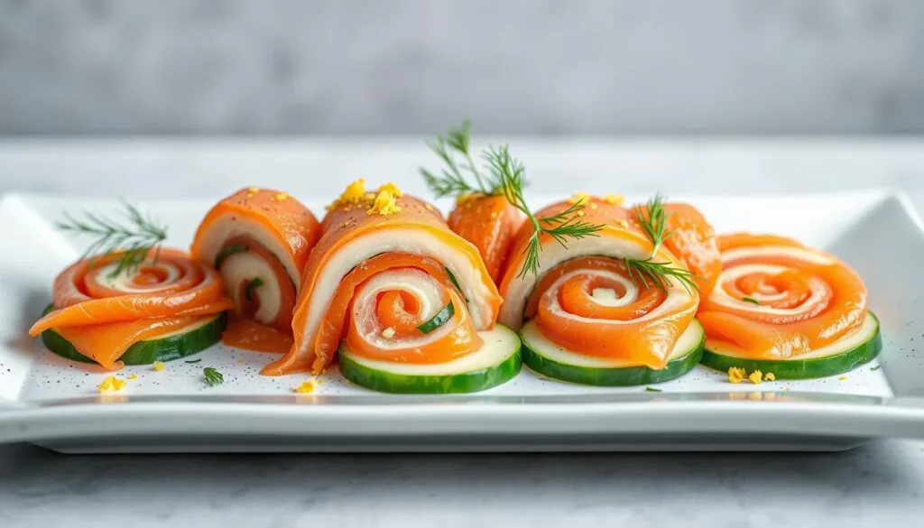 smoked salmon roulade on cucumber chatelaine